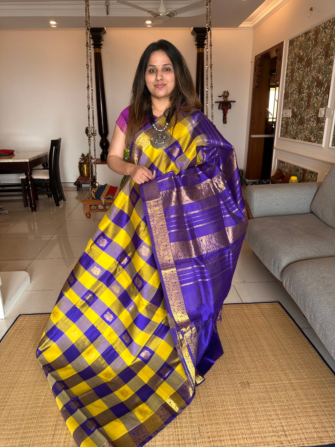 Lemon Yellow with Blue Big Butta Pallum Pazham Kattam Silk Cotton Saree