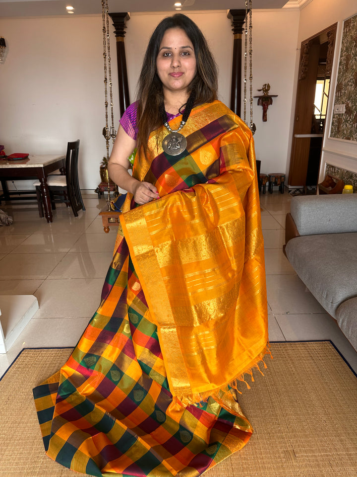 Mustard, Orange,Green, Maroon Big Butta Pallum Pazham Kattam Saree