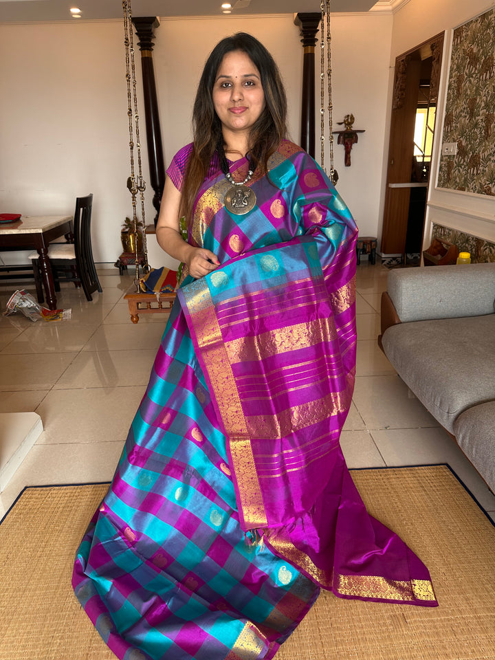 Ramar Blue with Dark Magenta Big butta Pallum Pazham Kattam Silk Cotton Saree