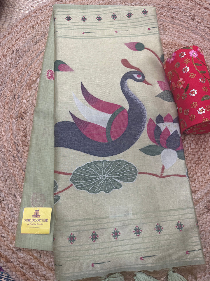 Elaichi Green  , Paithani borders and Rich Paithani Pallu Soft Cotton Saree