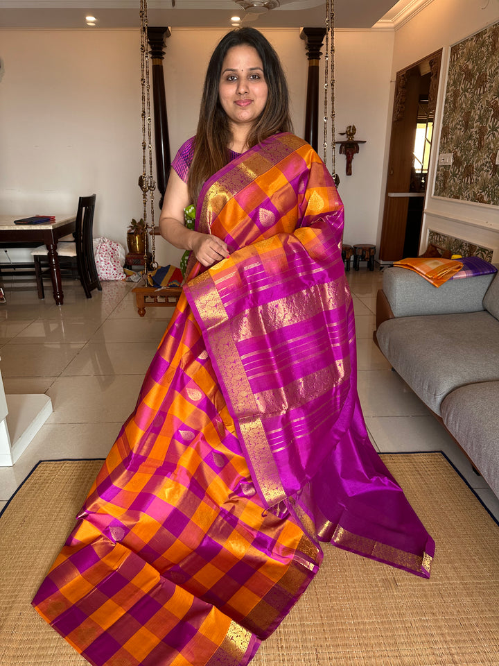 Orange with Dark Magenta Big Butta Pallum Pazham Kattam Silk Cotton Saree