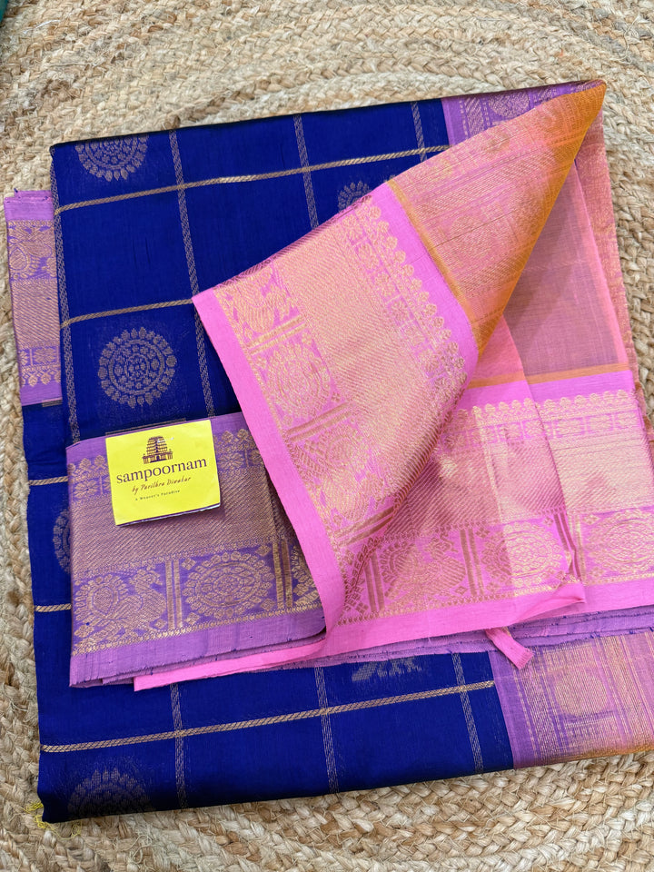 Blue with Baby Pink  , zari kattam in the body with Mayil and Chakram butta ,traditional borders and rich Pallu Silk Cotton Saree