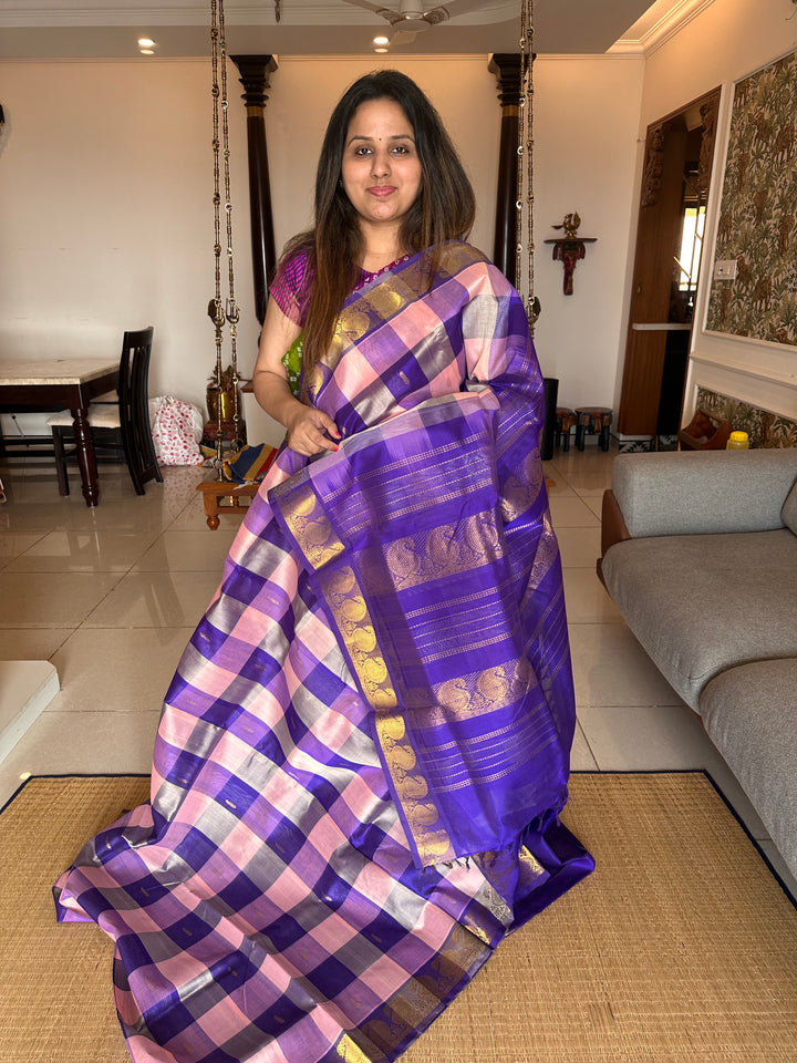 Onion Pink With Deep Indigo Big Butta Pallum Pazham Kattam Silk Cotton Saree