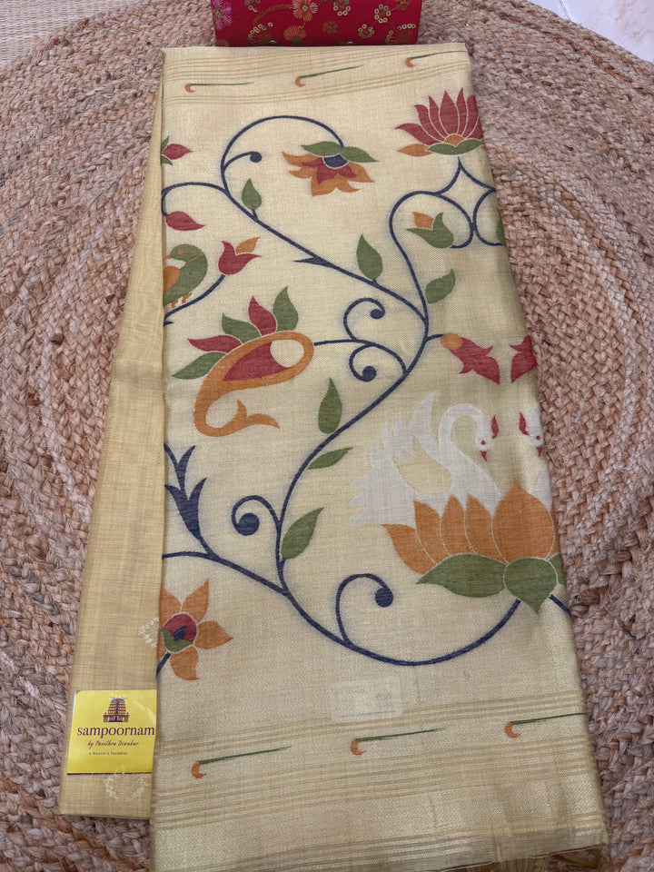 Pale Yellow , Paithani borders and Rich Paithani Pallu Soft Cotton Saree