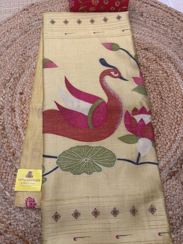 Pale Yellow  , Paithani borders and Rich Paithani Pallu Soft Cotton Saree