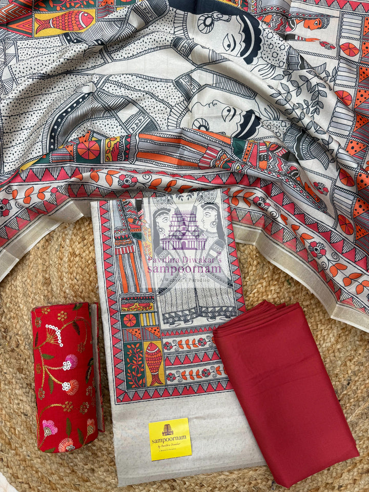Offwhite top with Red Bottom, Madhubani Print in the yoke and a elaborate Madhubani Printed Dupatta, Semi tussar Salwar Material