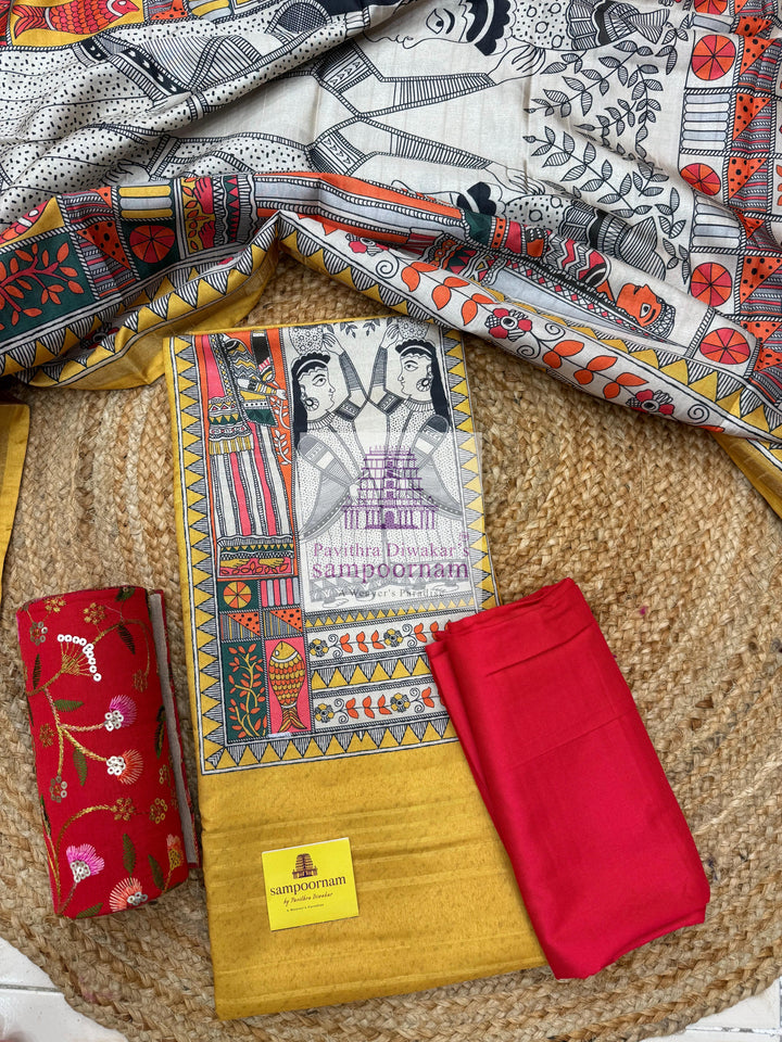 Yellow top with Red Bottom, Madhubani Print in the yoke and an elaborate Madhubani Printed Dupatta , Semi Tussar Material