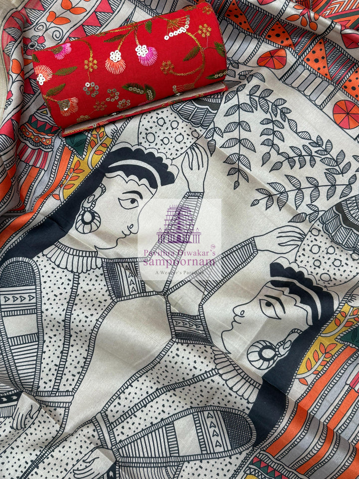 Offwhite top with Red Bottom, Madhubani Print in the yoke and a elaborate Madhubani Printed Dupatta, Semi tussar Salwar Material