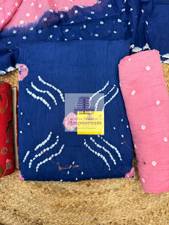 Cotton - Indigo Blue with Pink, Bandhini Prints in the top ,dupatta and bottom Salwar Material