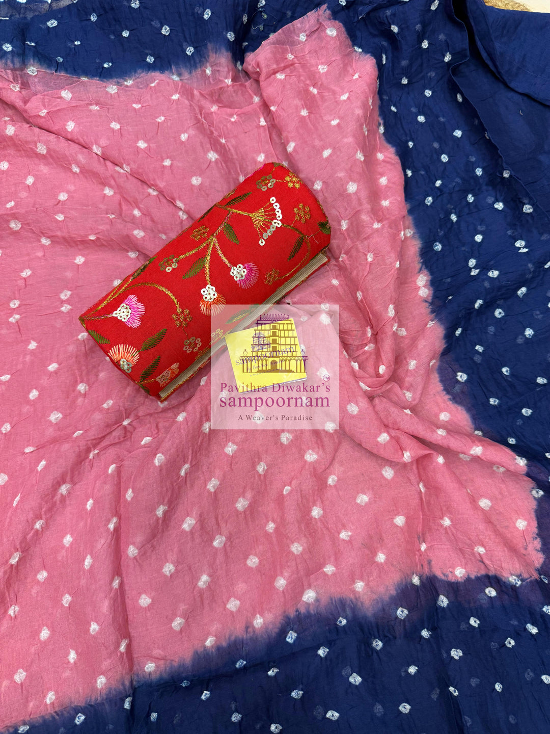 Cotton - Indigo Blue with Pink, Bandhini Prints in the top ,dupatta and bottom Salwar Material