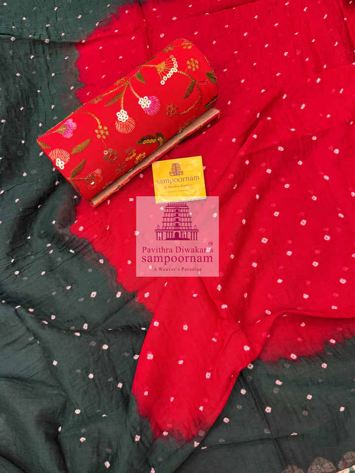 Cotton - Green with Red, Bandhini Prints in the top ,dupatta and bottom Salwar Material