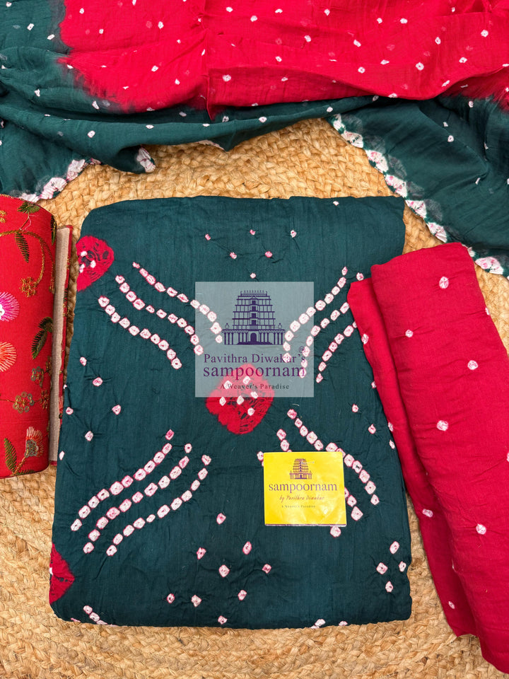 Cotton - Green with Red, Bandhini Prints in the top ,dupatta and bottom Salwar Material