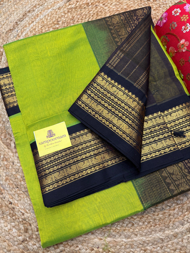 Sneha Green with Black , Vairaoosi Zari lines in the body ,  Traditional  borders and rich Pallu Korvai Silk Cotton Saree