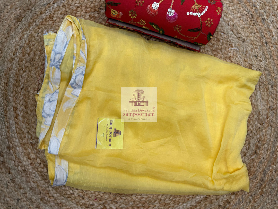 Yellow Top with Floral Prints and Thread Embroidery in the Yoke and Yellow bottom and Chiffon Plain Dupatta - Cotton Salwar Material