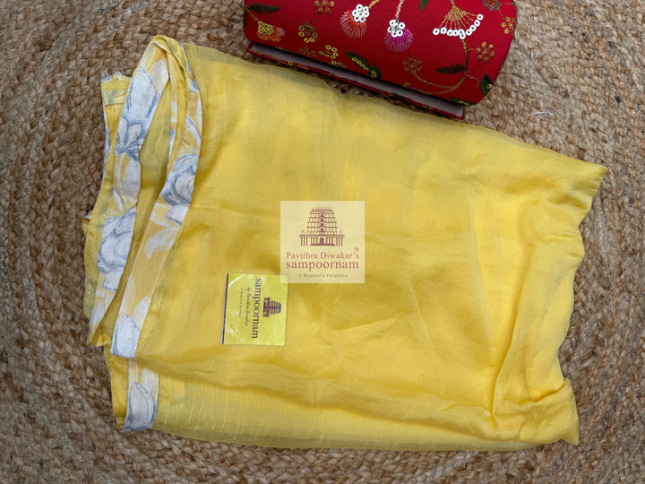 Yellow Top with Floral Prints and Thread Embroidery in the Yoke and Yellow bottom and Chiffon Plain Dupatta - Cotton Salwar Material