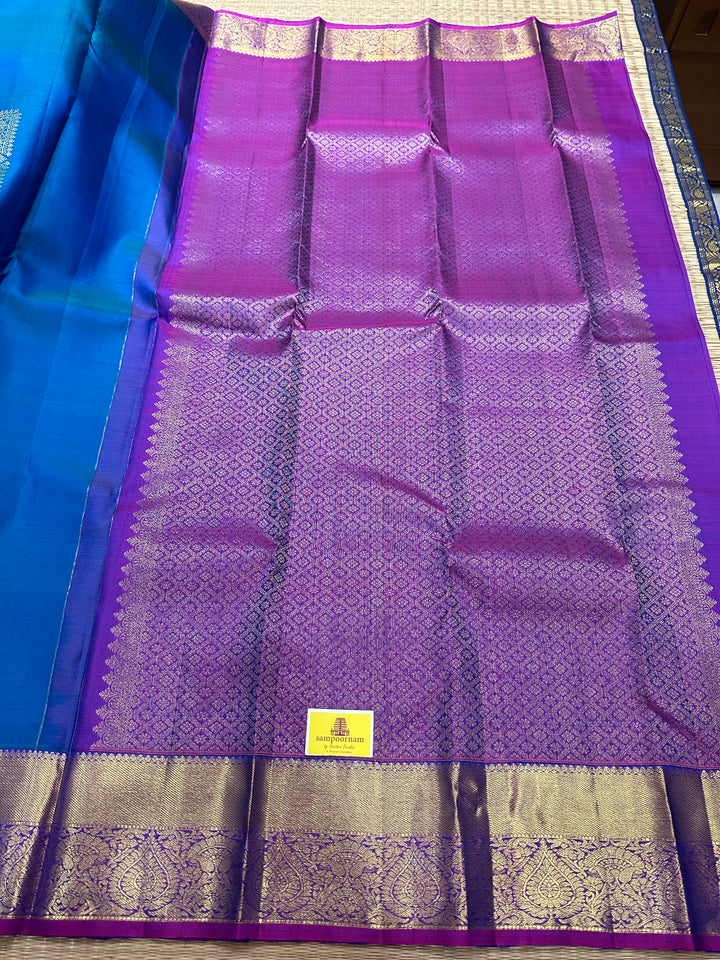 Blue with Purple Rich Body Square Butta and Rich Border Pallu Pure Kanjivaram Silk Saree