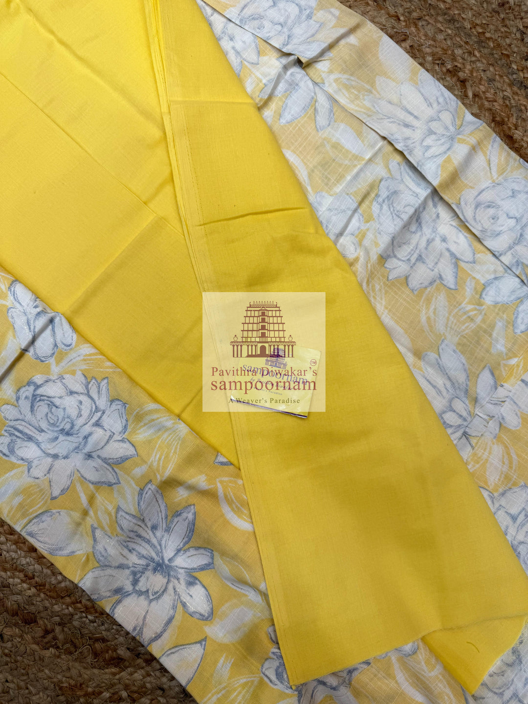 Yellow Top with Floral Prints and Thread Embroidery in the Yoke and Yellow bottom and Chiffon Plain Dupatta - Cotton Salwar Material
