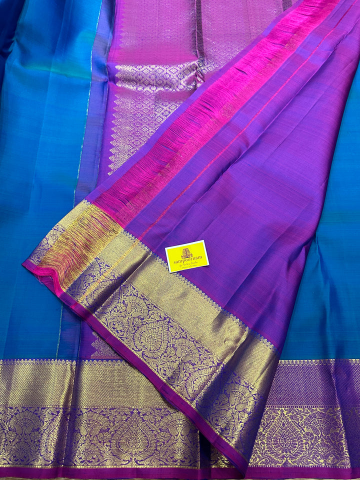 Blue with Purple Rich Body Square Butta and Rich Border Pallu Pure Kanjivaram Silk Saree