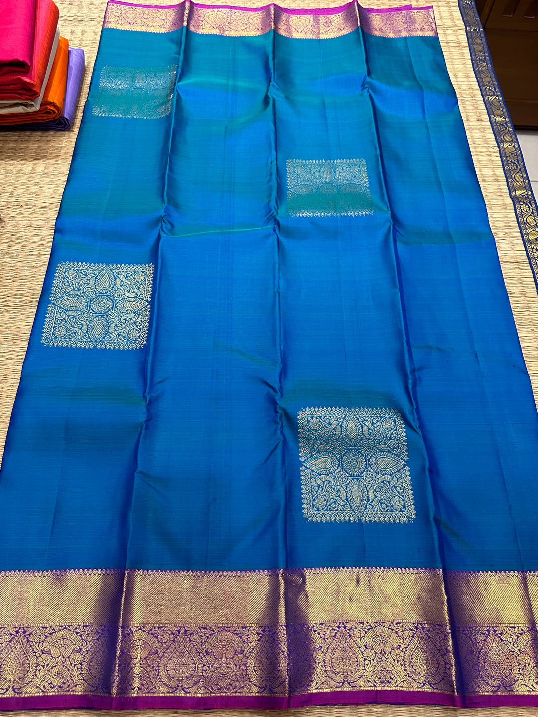 Blue with Purple Rich Body Square Butta and Rich Border Pallu Pure Kanjivaram Silk Saree