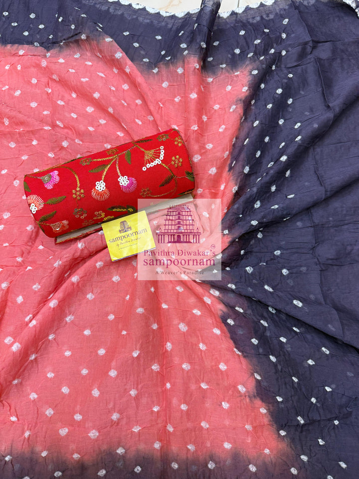 Cotton - Muave with Pink, Bandhini Prints in the top ,dupatta and bottom Salwar Material