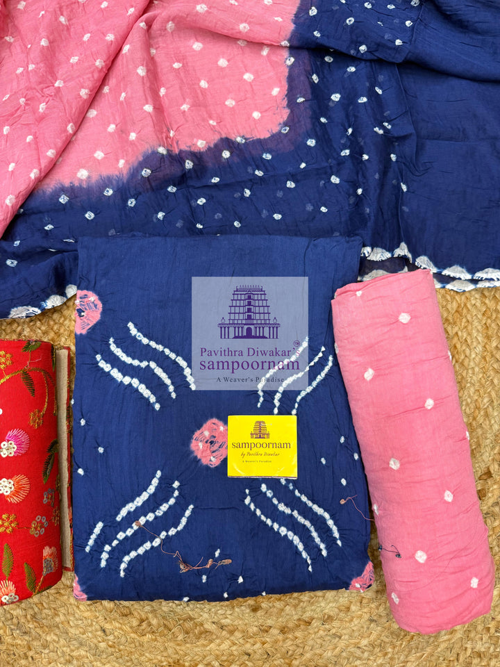 Cotton - Blue with Pink, Bandhini Prints in the top ,dupatta and bottom Salwar Material