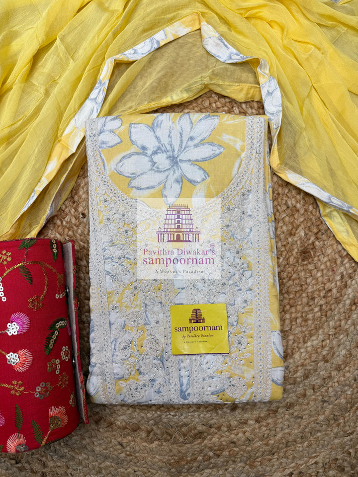 Yellow Top with Floral Prints and Thread Embroidery in the Yoke and Yellow bottom and Chiffon Plain Dupatta - Cotton Salwar Material
