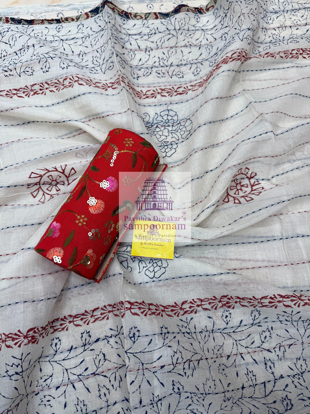 Blue Kantha Kalamkari printed top with Mirror work in the Yoke , Plain bottom and Kantha Handblock Printed Dupatta