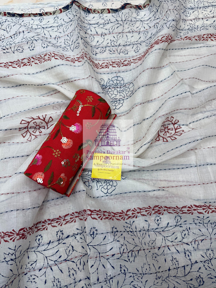 Blue Kantha Kalamkari printed top with Mirror work in the Yoke , Plain bottom and Kantha Handblock Printed Dupatta