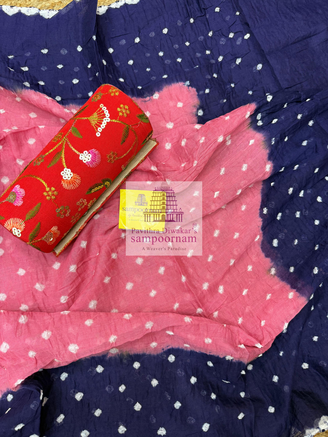 Cotton - Blue with Pink, Bandhini Prints in the top ,dupatta and bottom Salwar Material