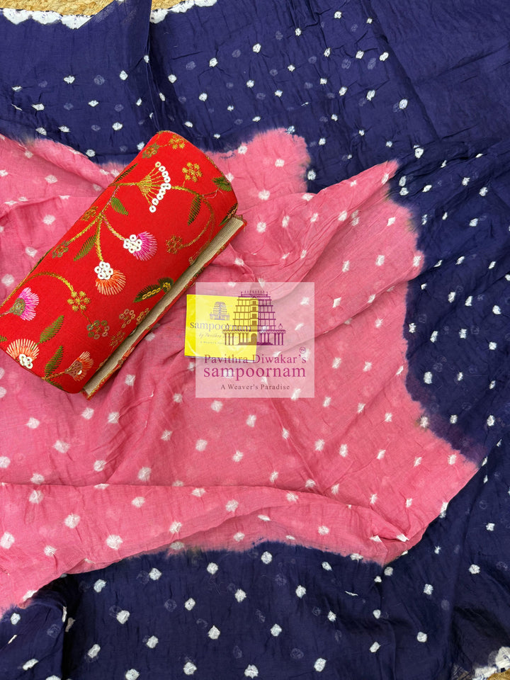 Cotton - Blue with Pink, Bandhini Prints in the top ,dupatta and bottom Salwar Material