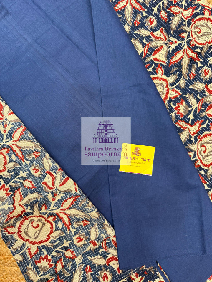 Blue Kantha Kalamkari printed top with Mirror work in the Yoke , Plain bottom and Kantha Handblock Printed Dupatta