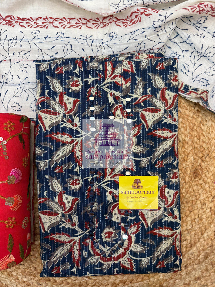 Blue Kantha Kalamkari printed top with Mirror work in the Yoke , Plain bottom and Kantha Handblock Printed Dupatta
