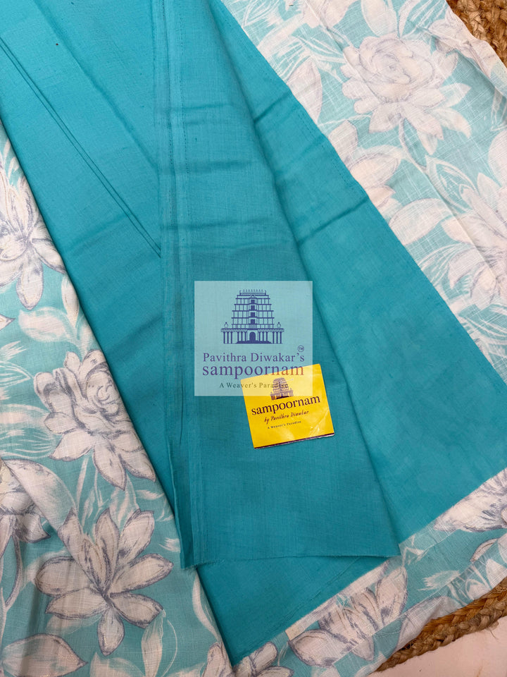 Blue Top with Floral Prints and Thread Embroidery in the Yoke and Blue bottom with Chiffon Plain Dupatta - Cotton Salwar Material