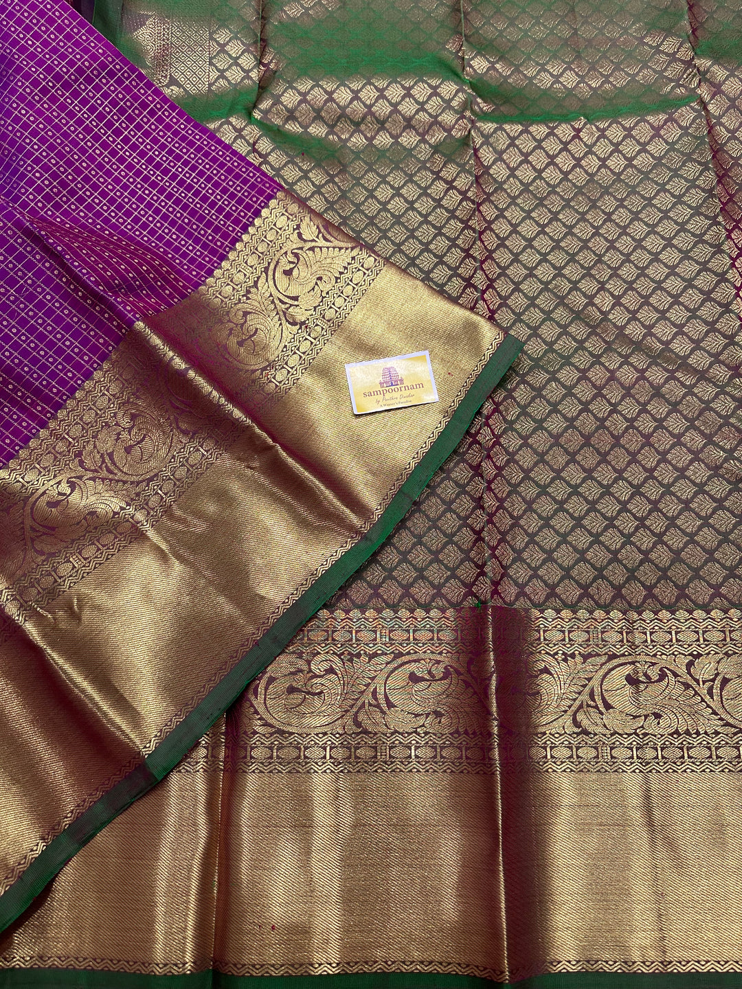 Vadamalli Purple with Manthulir Green Rich Lakshadeepam Body With Grand Border and Pallu Pure Kanjivaram Silk Saree