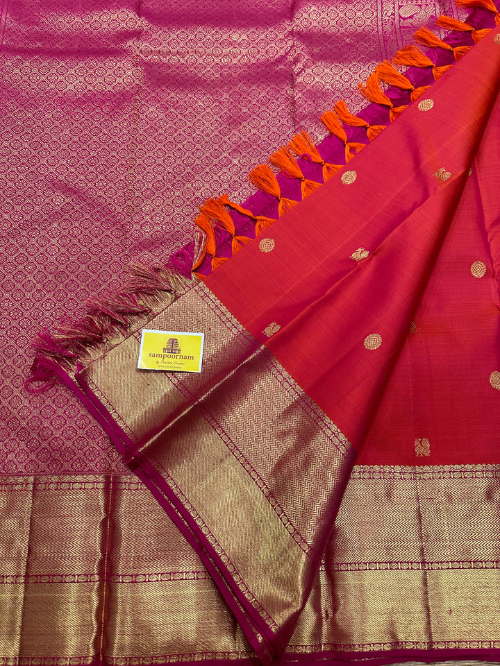 Pinkish Red with Pink Body Annam and Rudraksh Butta Rich Border and Pallu Pure Kanjivaram Silk Saree