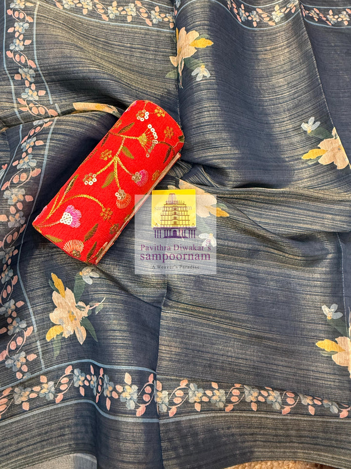 Semi Chanderi - Mustard top with Floral Printed and Mirror work Yoke , Plain bottom and Printed Dupatta - Salwar Material