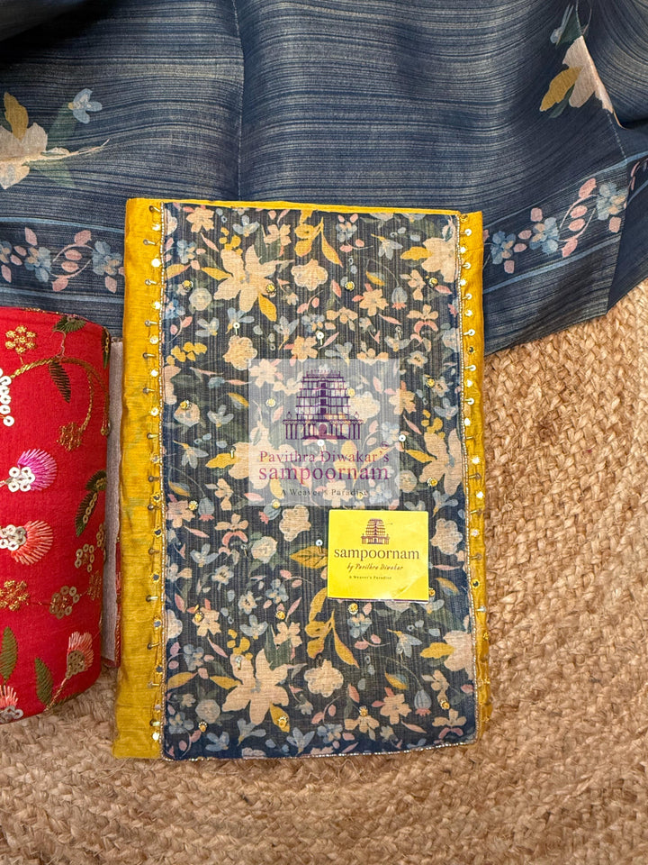 Semi Chanderi - Mustard top with Floral Printed and Mirror work Yoke , Plain bottom and Printed Dupatta - Salwar Material