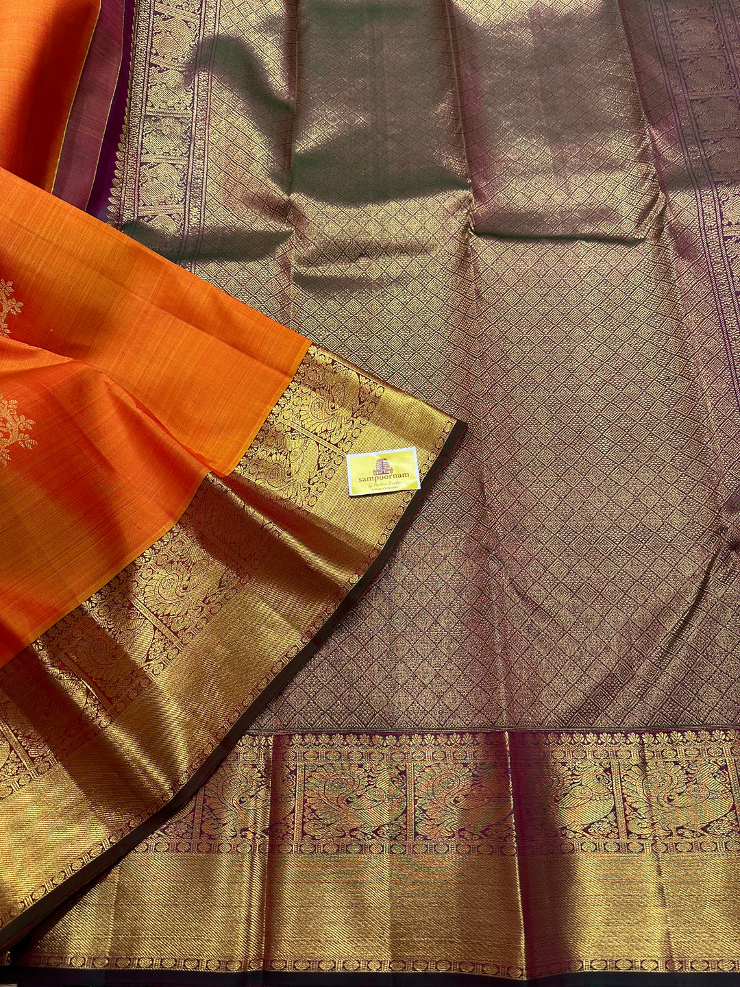 Orange with Greenish Purple Rich Zari Butta , Rich Border and Pallu Pure Kanjivaram Silk Saree