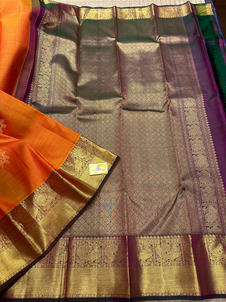 Orange with Greenish Purple Rich Zari Butta , Rich Border and Pallu Pure Kanjivaram Silk Saree