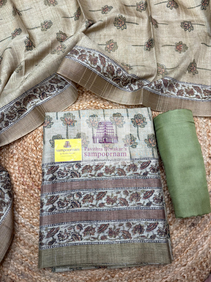 Semi Tussar - Olive Green Top with Floral Printed , Plain  bottom with Printed Dupatta - Salwar Material