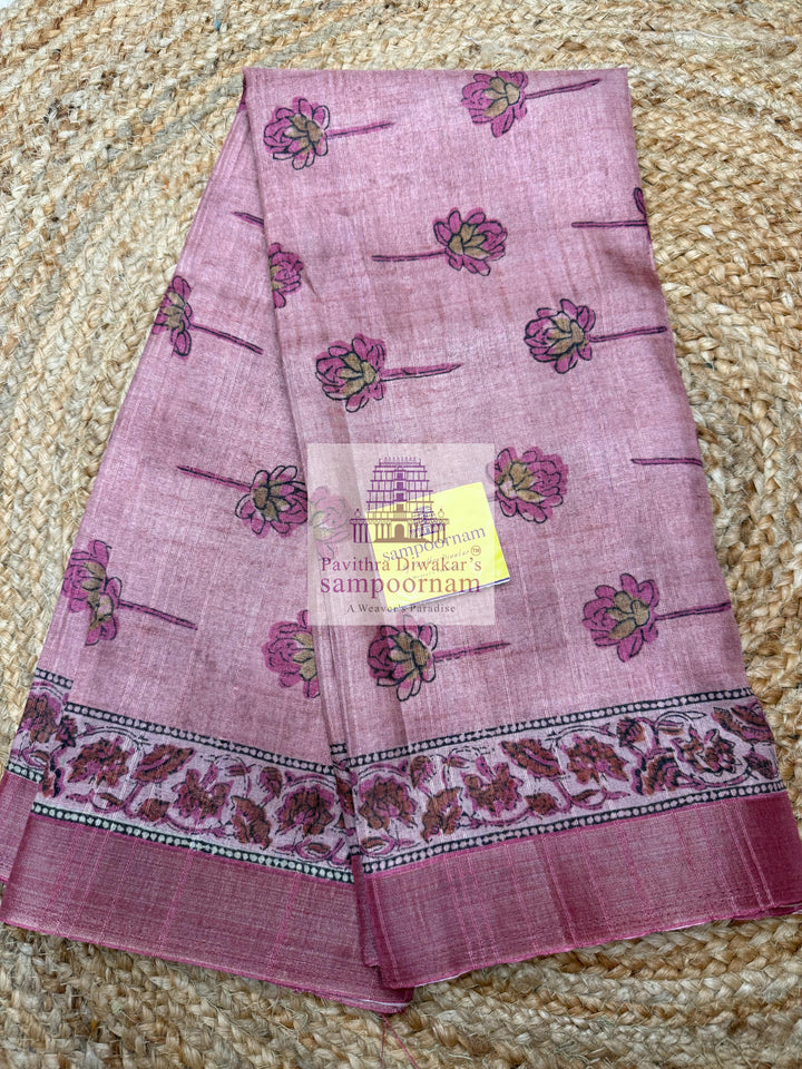 Semi Tussar - Onion Pink Top with Floral Printed , Plain  bottom with Printed Dupatta - Salwar Material
