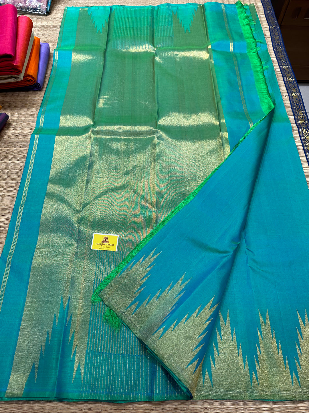 Turquoise Blue with Rich Temple Border Tissue Rich Pallu  , Pure Zari, Pure Kanjivaram Silk Saree