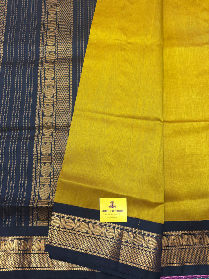 Mustard with Dark Blue , Traditional  borders and rich Pallu Korvai Silk Cotton Saree