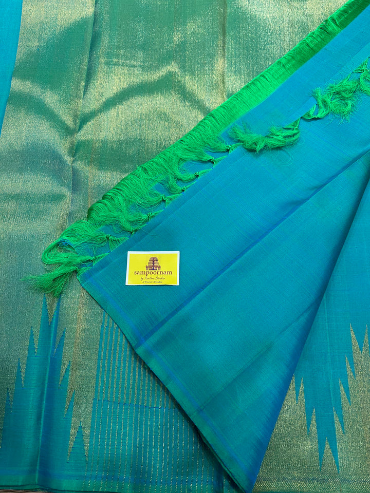 Turquoise Blue with Rich Temple Border Tissue Rich Pallu  , Pure Zari, Pure Kanjivaram Silk Saree