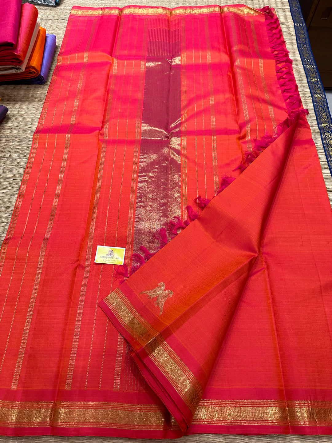 Orangish Pink with Small Border, Rettai Kili In the Borders and Simple Pallu, Pure Zari Pure Kanjivaram Silk Saree