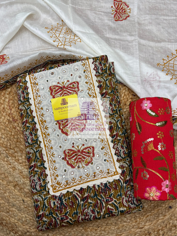 Cotton -  Mustard Top with Kalamkari Printed and Mirror work  in the Yoke , Cream  bottom and  Cream with Kalamkari Pipping Dupatta - Salwar Material
