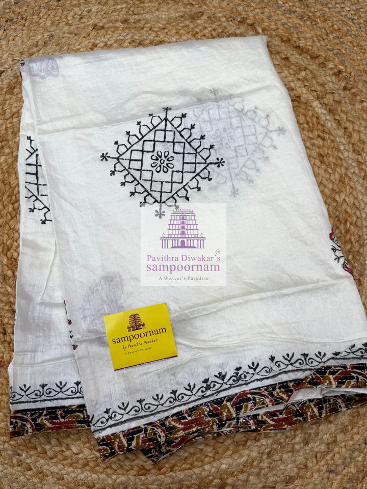 Cotton -  Mustard Top with Kalamkari Printed and Mirror work  in the Yoke , Cream  bottom and  Cream with Kalamkari Pipping Dupatta - Salwar Material