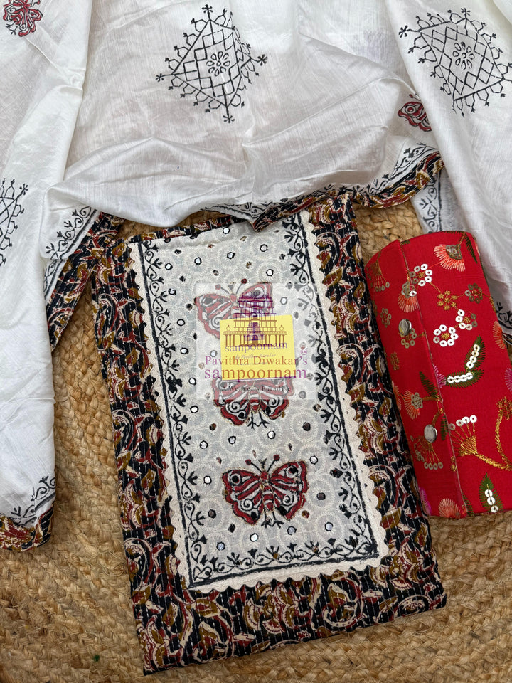 Cotton -  Blue Top with Kalamkari Printed and Mirror work  in the Yoke , Cream  bottom and  Cream with Kalamkari Pipping Dupatta - Salwar Material