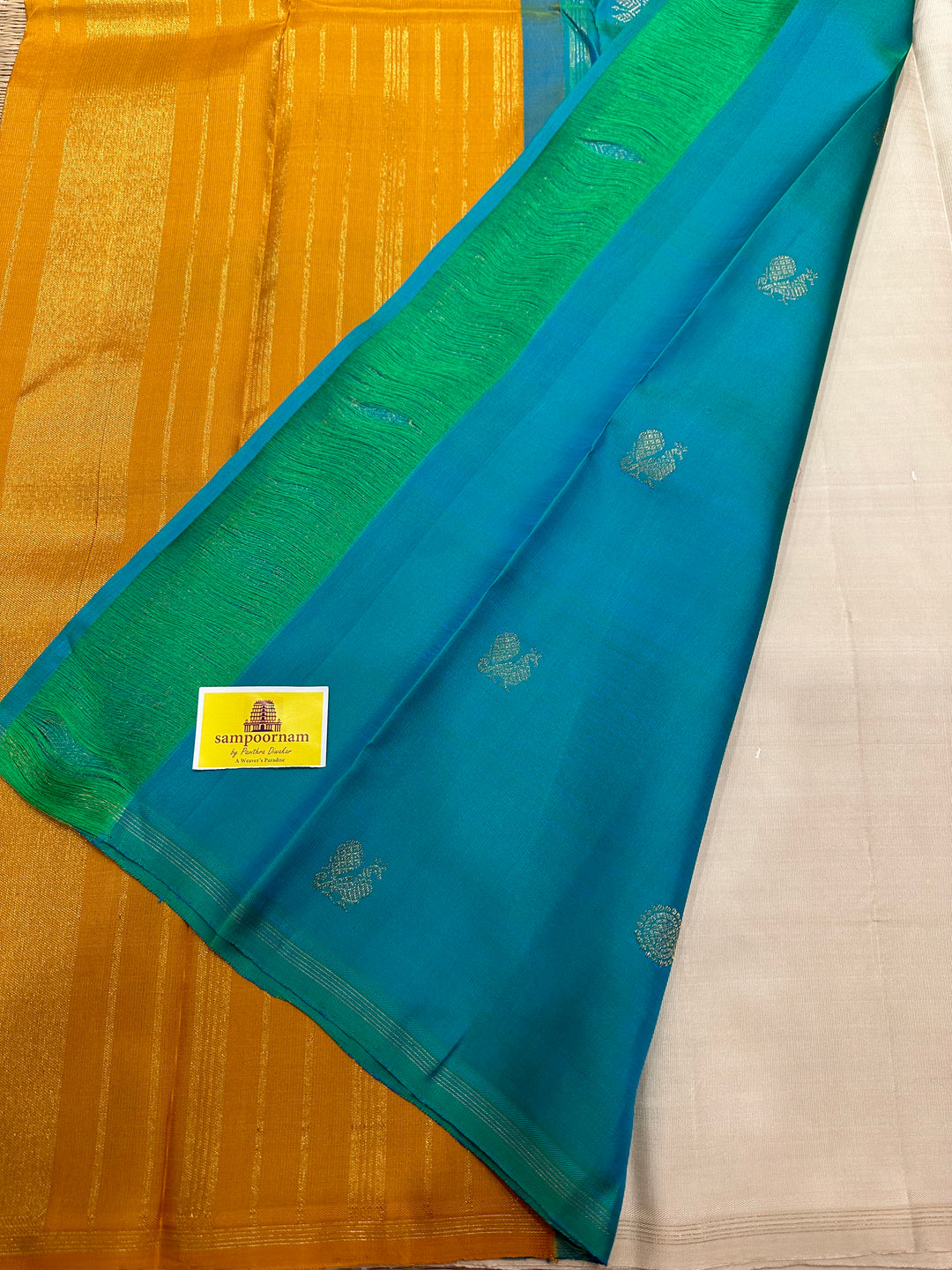 Offwhite with Double Coloured Border Mustard and Sea Green , Rich Annam and Rudraksh Zari Butta, Rich pallu ,Kanjivaram Pure Zari Silk Saree