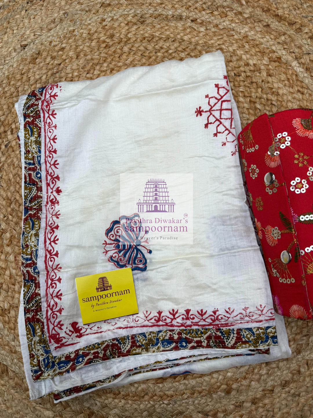 Cotton -  Blue Top with Kalamkari Printed and Mirror work  in the Yoke , Cream  bottom and  Cream with Kalamkari Pipping Dupatta - Salwar Material